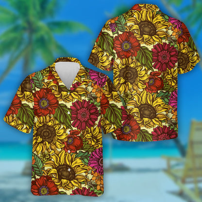 Hand Drawn Colored Poppy Flower Gerbera Sunflower Milkweed Hawaiian Shirt, Hawaiian Shirt Gift, Christmas Gift