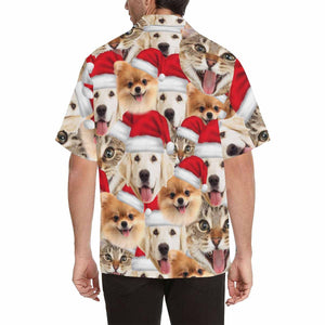 Custom Face Pet Christmas Hat Seamless Men's All Over Print Hawaiian Shirt, Hawaiian Shirt Gift, Christmas Gift.