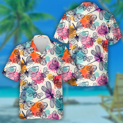 Abstract Colorful Neon Butterflies And Dragonflies Hawaiian Shirt, Hawaiian Shirt Gift, Christmas Gift