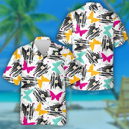 Hand Drawn With Grunge Textures And Butterflies Hawaiian Shirt, Hawaiian Shirt Gift, Christmas Gift