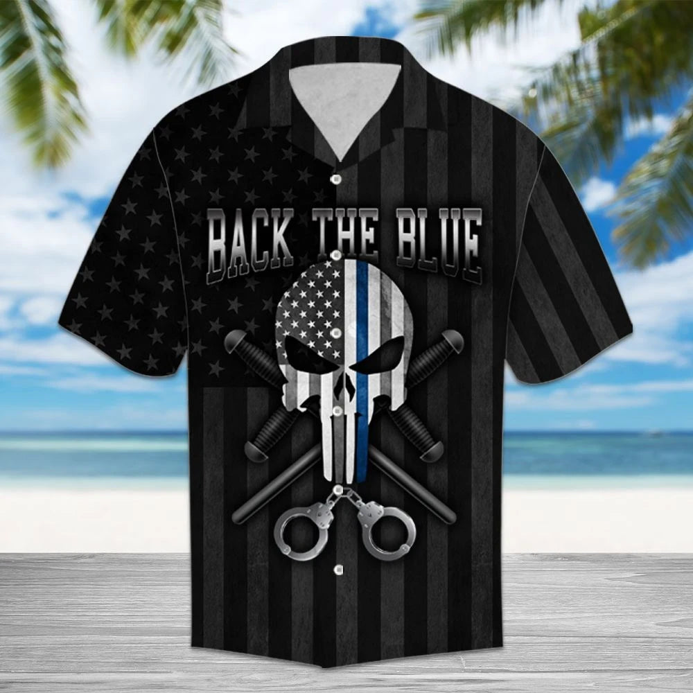 Hawaiian Shirt Black And Gray American Flag Back The Blue, Hawaiian Shirt Gift, Christmas Gift