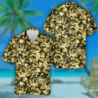 Vintage Charming Roses Flower In Camouflage Pattern Hawaiian Shirt, Hawaiian Shirt Gift, Christmas Gift