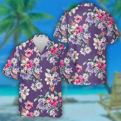Watercolor Colorful Flowers Bouquet On Purple Background Hawaiian Shirt, Hawaiian Shirt Gift, Christmas Gift