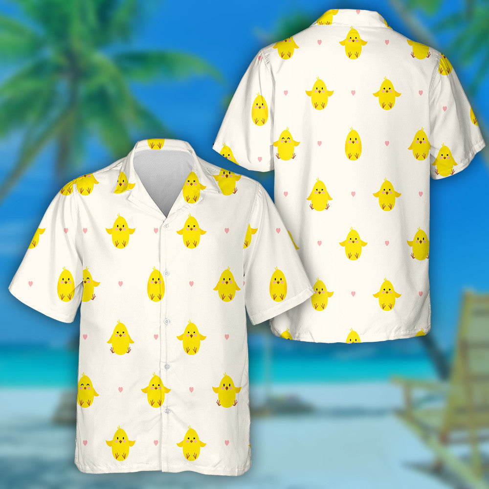 Little Chickens Jumping And Pink Hearts Hawaiian Shirt, Hawaiian For Gift