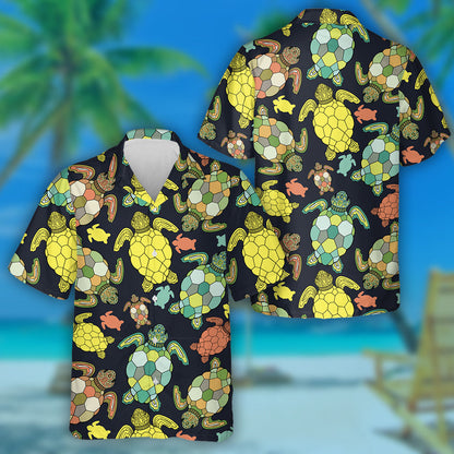 Sea Turtles And Tropical Fish On Black Background Hawaiian Shirt, Hawaiian Shirt Gift, Christmas Gift