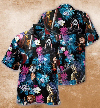 Horror Skull With Tropical Hibiscus Leaf Pattern Hawaiian Shirt, Hawaiian Shirt Gift, Christmas Gift