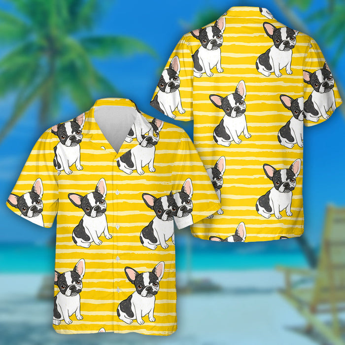 Yellow Stripe With Cute French Bulldogs Hawaiian Shirt, Hwaiian For Gift