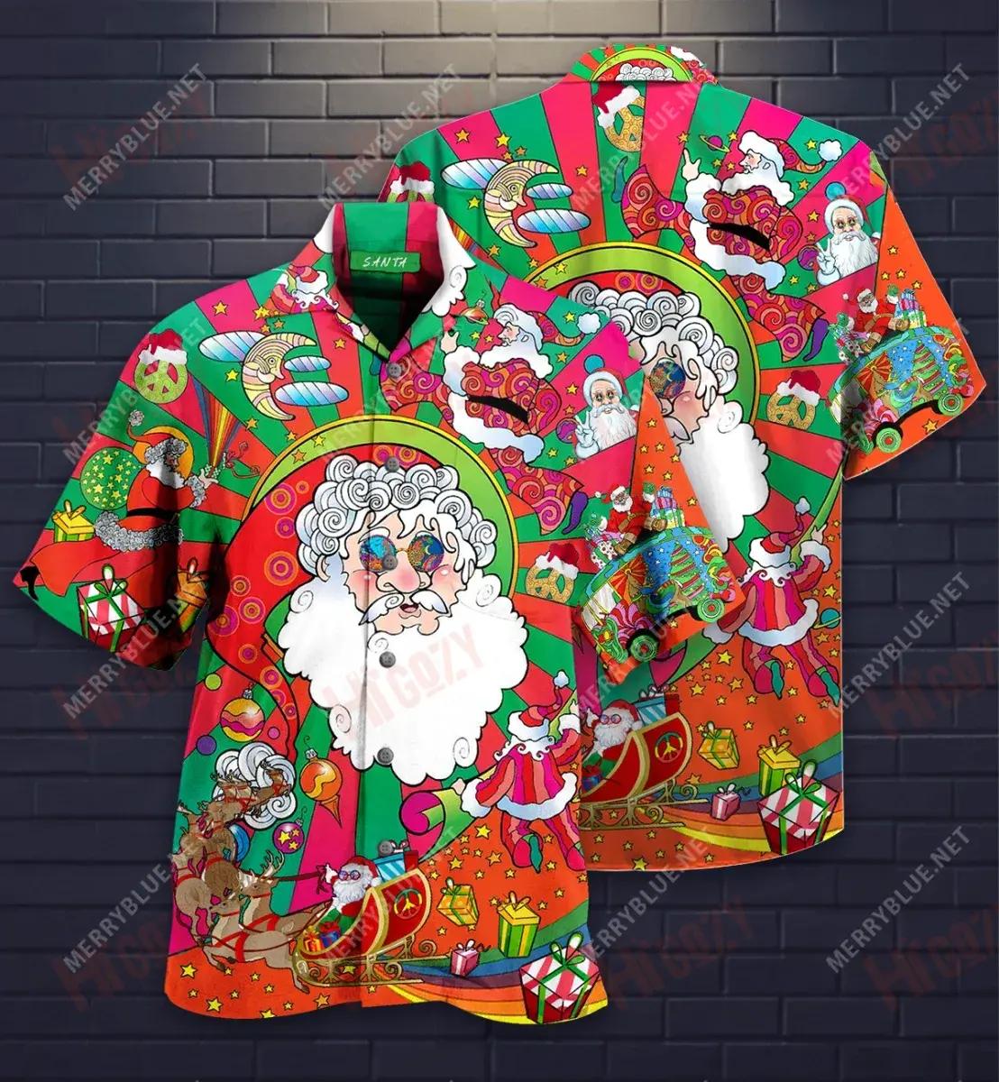 Hippie Santa Christmas Short Hawaiian Shirt Summer Hawaiian T Shirts Hawaiian Crazy Shirts Crazy Shirts Hawaii, Hawaiian Shirt Gift, Christmas Gift