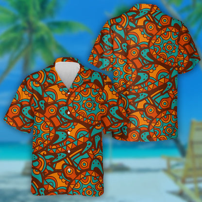 Hand Drawn Tribal Blue And Orange Background Hawaiian Shirt, Hawaiian Shirt Gift, Christmas Gift