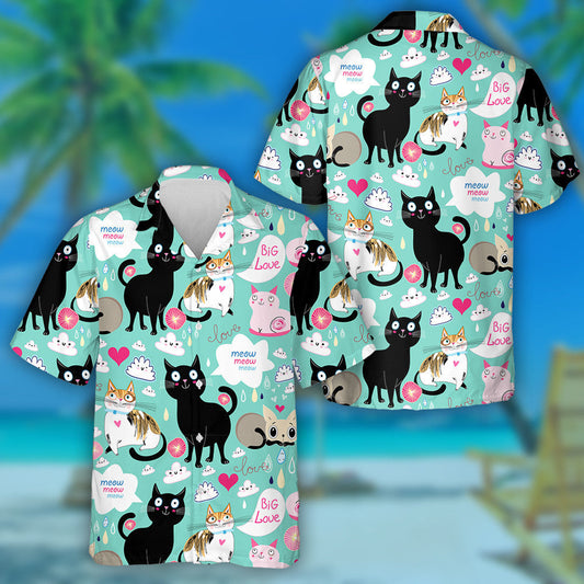 Cartoon Lovers Cats On Green Background Hawaiian Shirt, Hawaiian For Gift