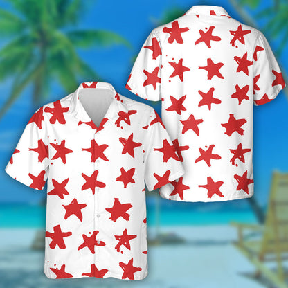 White And Red Hand Drawn Painted Stars Pattern Hawaiian Shirt, Hawaiian Shirt Gift, Christmas Gift