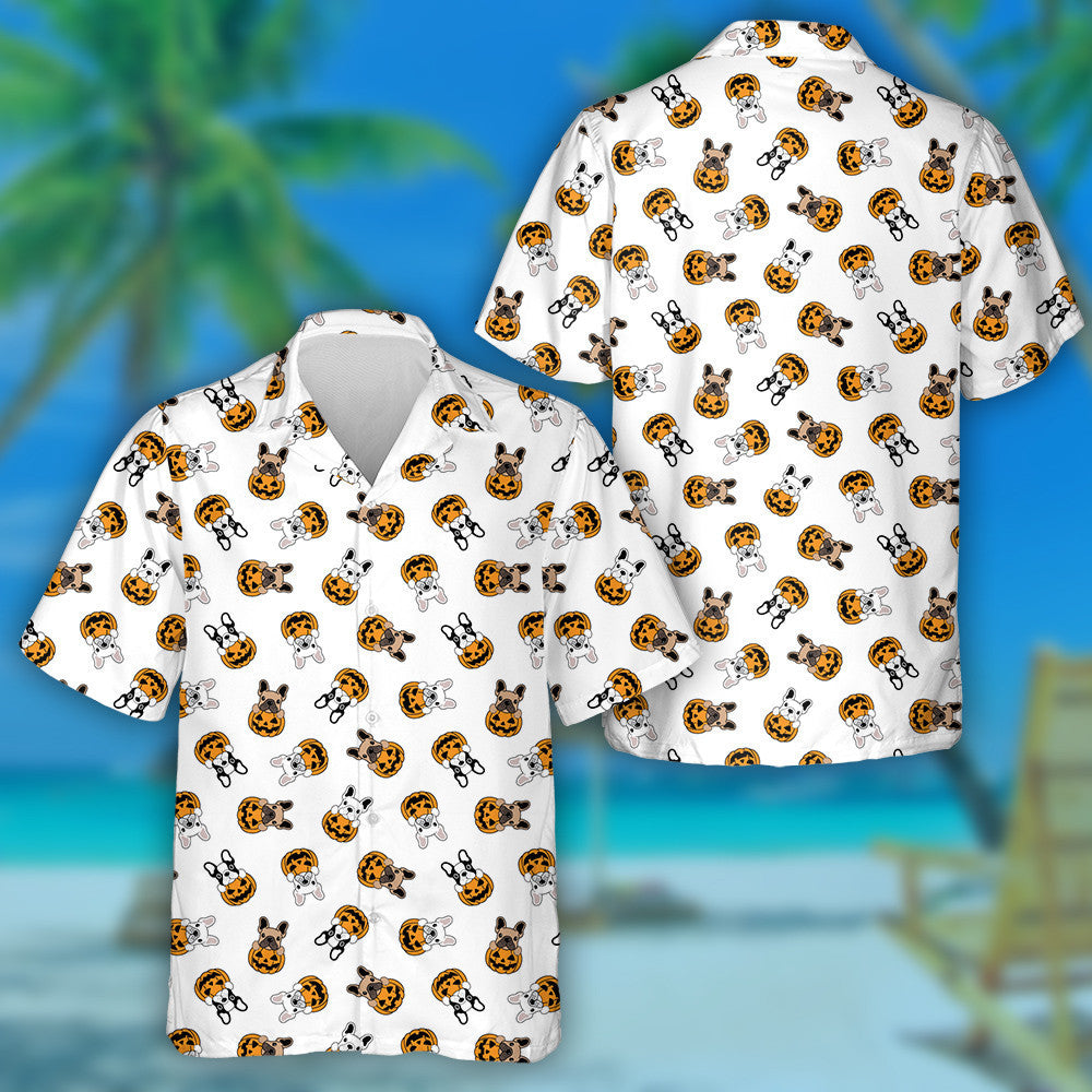 Products French Bulldog And Pumpkin Halloween Cartoon Hawaiian Shirt,Hawaiian Shirt Gift, Christmas Gift