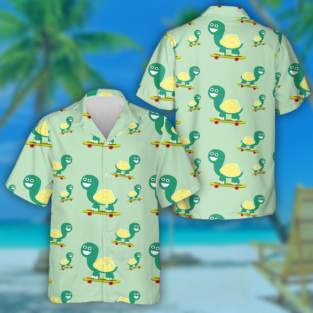 Happy Little Green Turtle Play Skateboarding Hawaiian Shirt, Hawaiian Shirt Gift, Christmas Gift