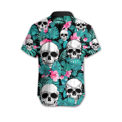 Hand Drawn Skull Tropical With Pink Flower Hawaiian Shirt, Hawaiian Shirt Gift, Christmas Gift