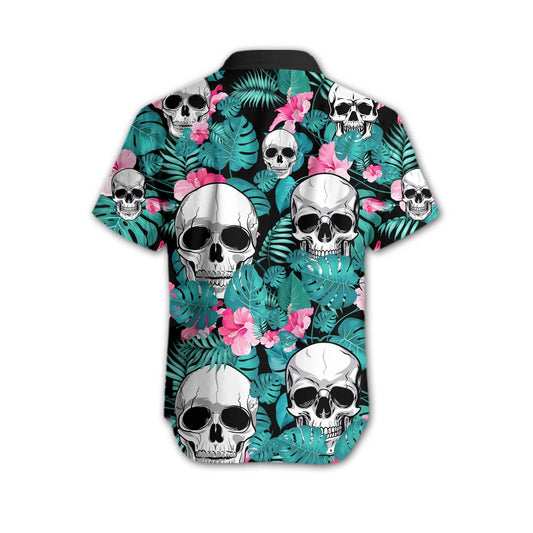 Hand Drawn Skull Tropical With Pink Flower Hawaiian Shirt, Hawaiian Shirt Gift, Christmas Gift