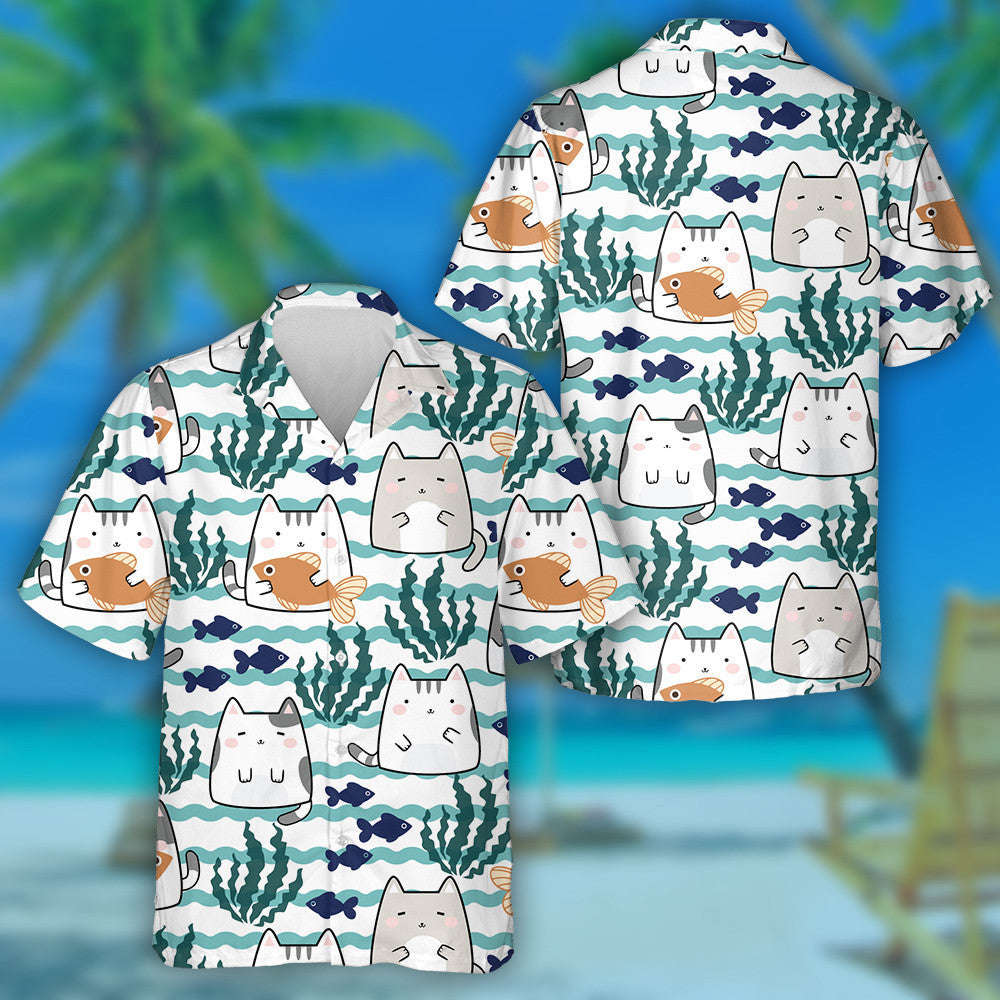 Kawaii Cute Cats And Fish With Wave Sea Hawaiian Shirt, Hawaiian Shirt Gift, Christmas Gift