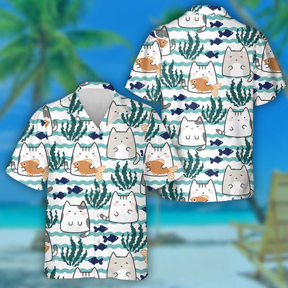 Kawaii Cute Cats And Fish With Wave Sea Hawaiian Shirt, Hawaiian Shirt Gift, Christmas Gift