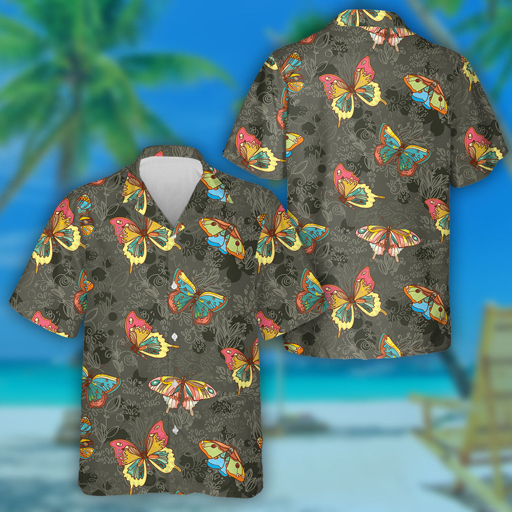 Hand Drawn Colorful Queen Butterflies And Flowers Hawaiian Shirt, Hawaiian Shirt Gift, Christmas Gift
