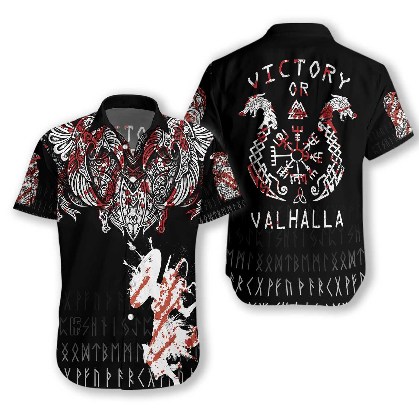 Victory Or Valhalla Black White And Red Design Hawaiian Shirt, Hawaiian Shirt Gift, Christmas Gift