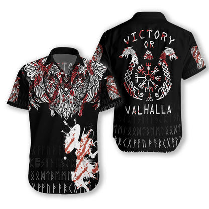 Victory Or Valhalla Black White And Red Design Hawaiian Shirt, Hawaiian Shirt Gift, Christmas Gift