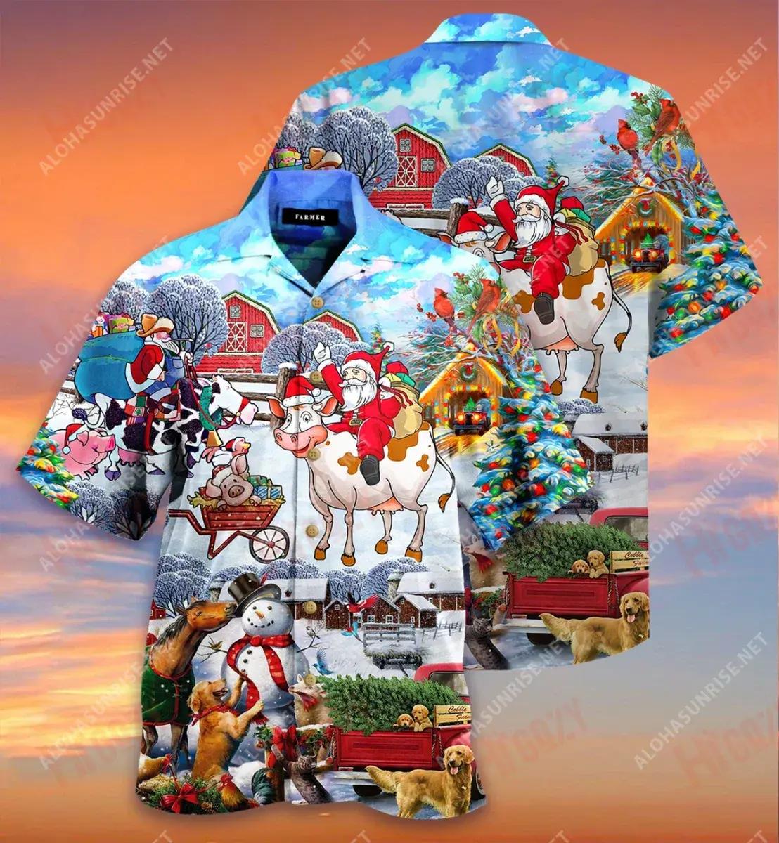 Farmer Santa Claus Riding Farm Cow Farming Christmas Short Hawaiian Shirt Ocean Short Sleeve Hawaiian Crazy Shirts Hawaiian Shirt Pattern, Hawaiian Shirt Gift, Christmas Gift