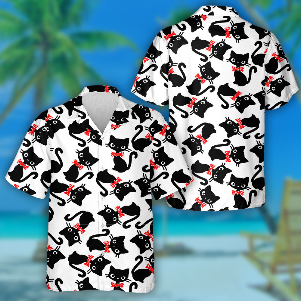 Cat With Red Bow Pet Cartoon Doodle Illustration Hawaiian Shirt, Hawaiian Shirt Gift, Christmas Gift