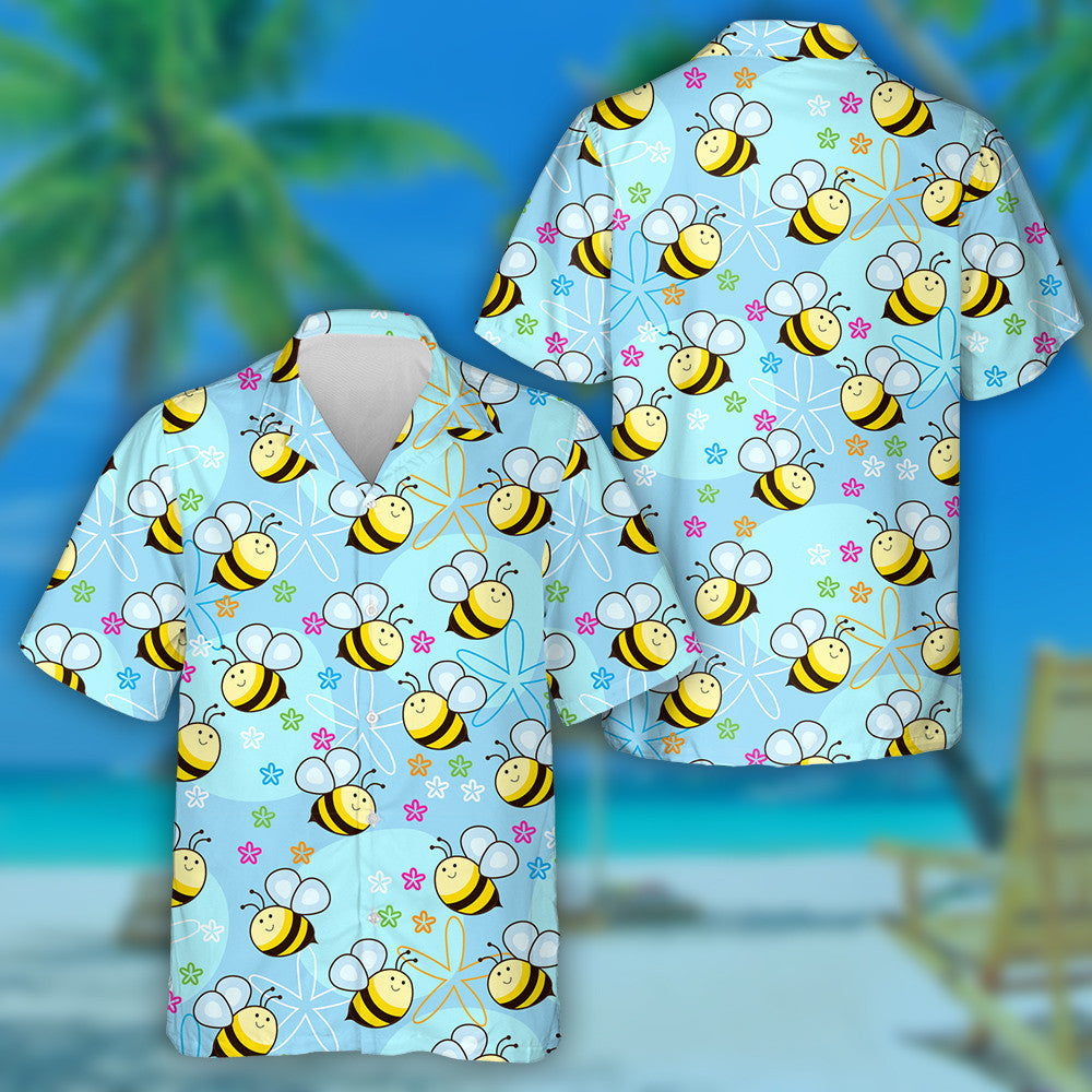 Cute Bees And Exotic Flower On Blue Background Hawaiian Shirt, Hawaiian Shirt Gift, Christmas Gift