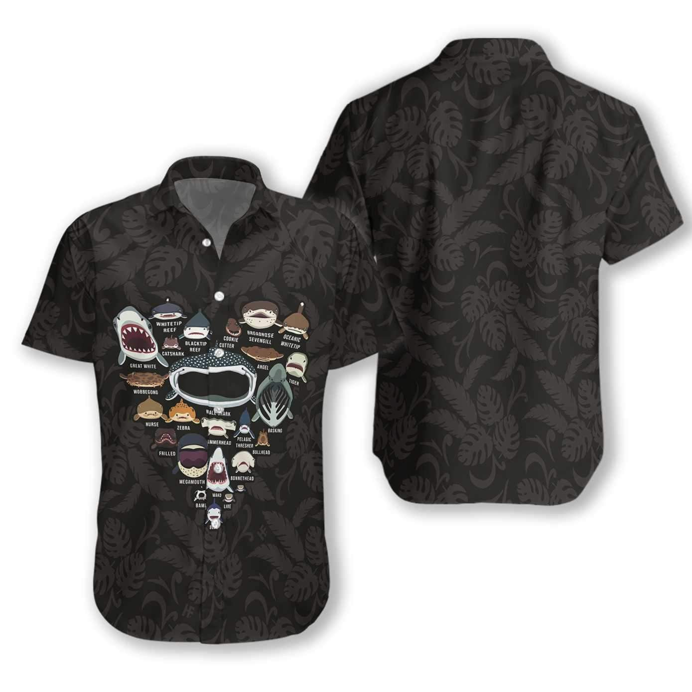 Shark Team Making A Heart Shape Dark Theme Hawaiian Shirt, Hawaiian Shirt Gift, Christmas Gift