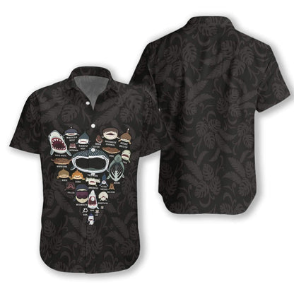 Shark Team Making A Heart Shape Dark Theme Hawaiian Shirt, Hawaiian Shirt Gift, Christmas Gift