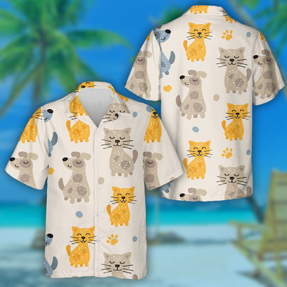 Lovely Cute Cats And Dogs With Paw Background Hawaiian Shirt, Hawaiian Shirt Gift, Christmas Gift