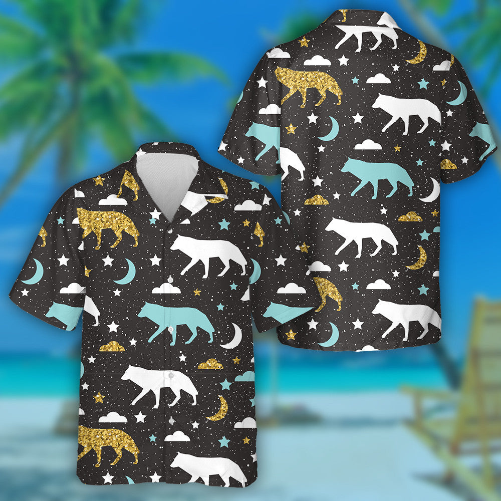 Gold Blue And White Abstract Wolf Hawaiian Shirt,Hawaiian Shirt Gift, Christmas Gift