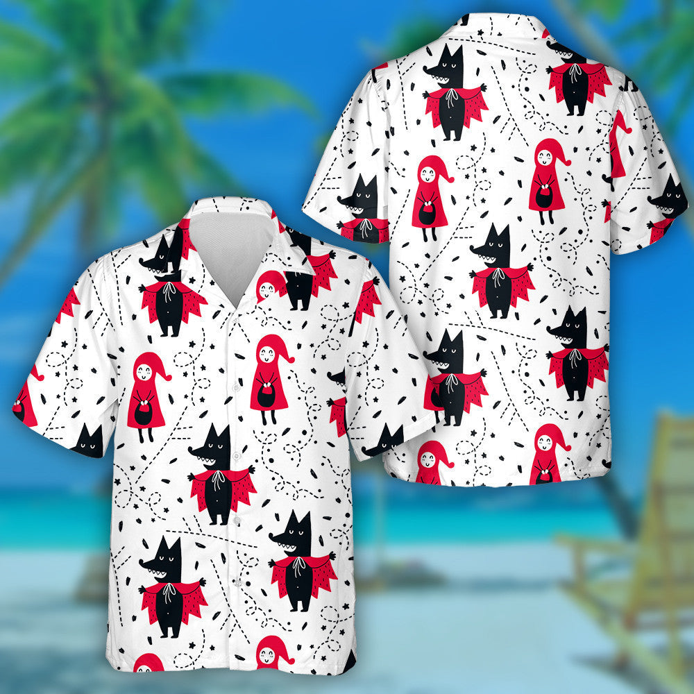 Illustration With Girl And Wolf In Vintage Style Hawaiian Shirt, Hawaiian Shirt Gift, Christmas Gift