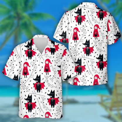 Illustration With Girl And Wolf In Vintage Style Hawaiian Shirt, Hawaiian Shirt Gift, Christmas Gift