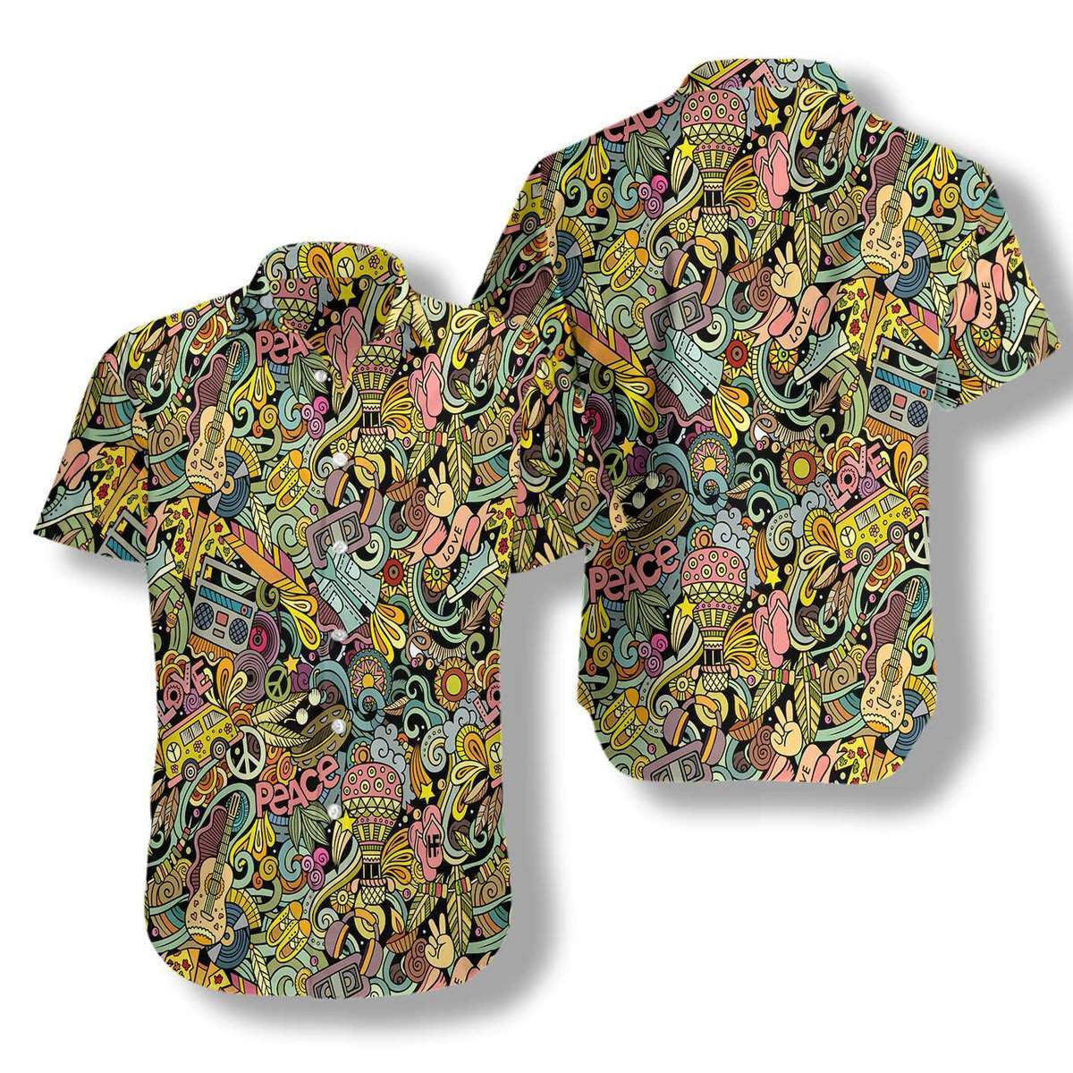 Hippie Style Doodles Illustration Pattern Hawaiian Shirt, Hawaiian For Gift