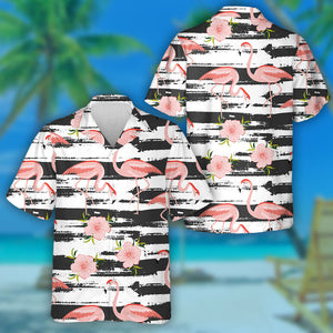 Pink Flamingo With Tropical Flowers Hawaiian Shirt,Hawaiian Shirt Gift, Christmas Gift