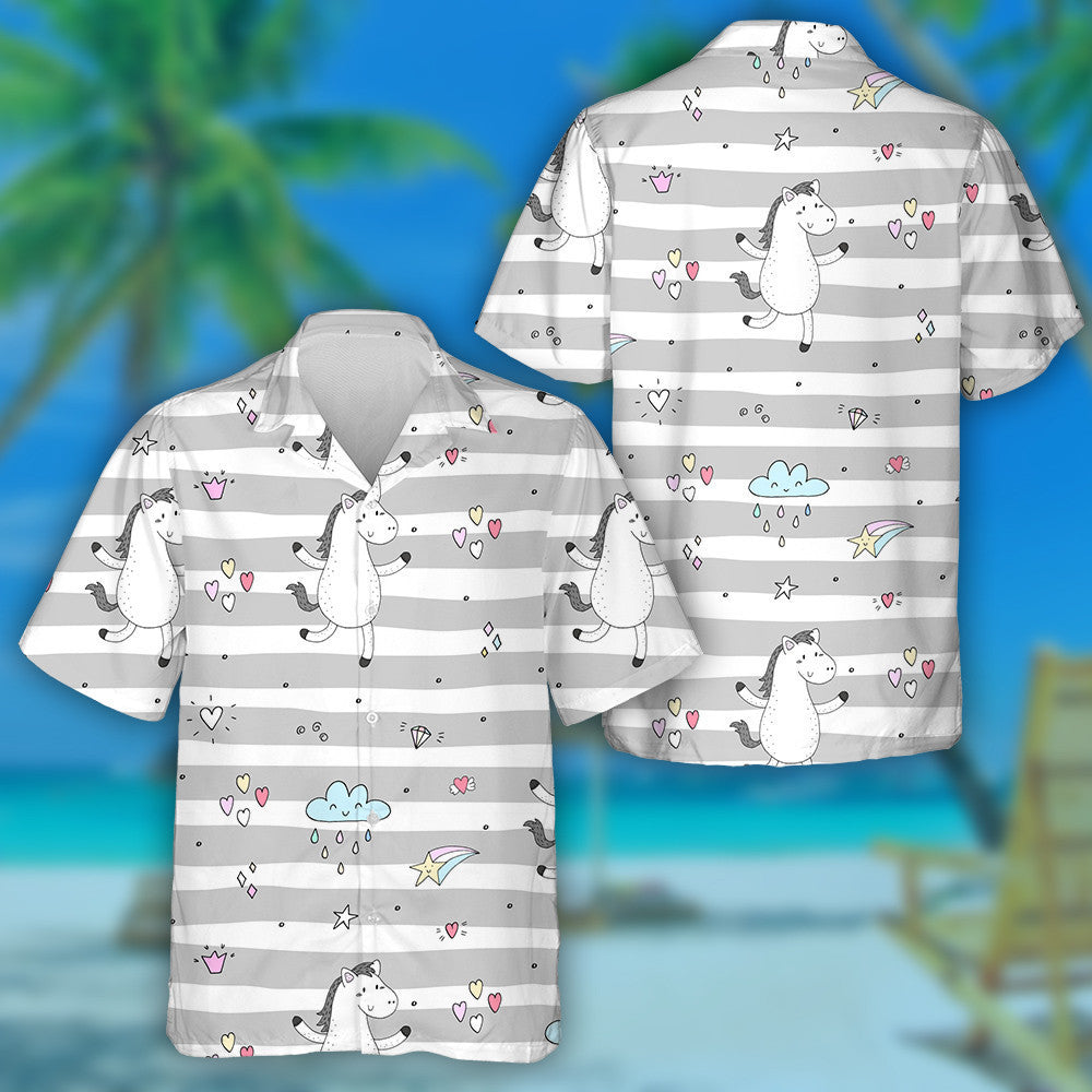 Cartoon Funny Pony Horses On Grey Stripe Hawaiian Shirt, Hawaiian Shirt Gift, Christmas Gift