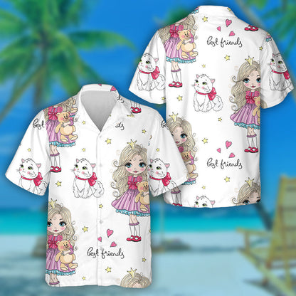 Hand Drawn Cute Little Princess Girl And Cat Hawaiian Shirt, Hawaiian Shirt Gift, Christmas Gift