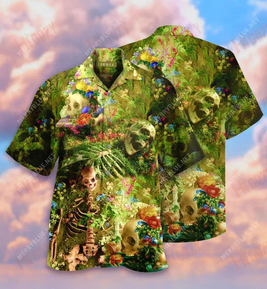 Flower Skull Skeleton Short Short Sleeve Shirt Vacation Hawaiian T Shirts Hawaiian Crazy Shirts Hawaiian Shirts For Women, Hawaiian Shirt Gift, Christmas Gift