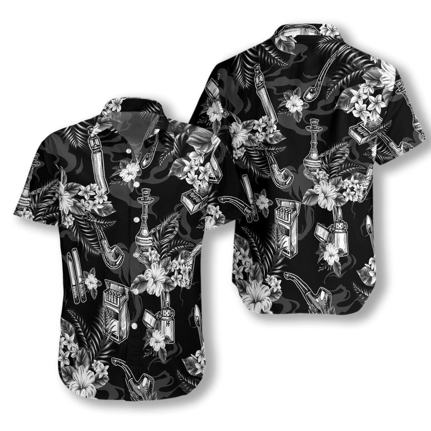 Tobacco Pattern Black And White Flower Pattern Hawaiian Shirt, Hawaiian Shirt Gift, Christmas Gift