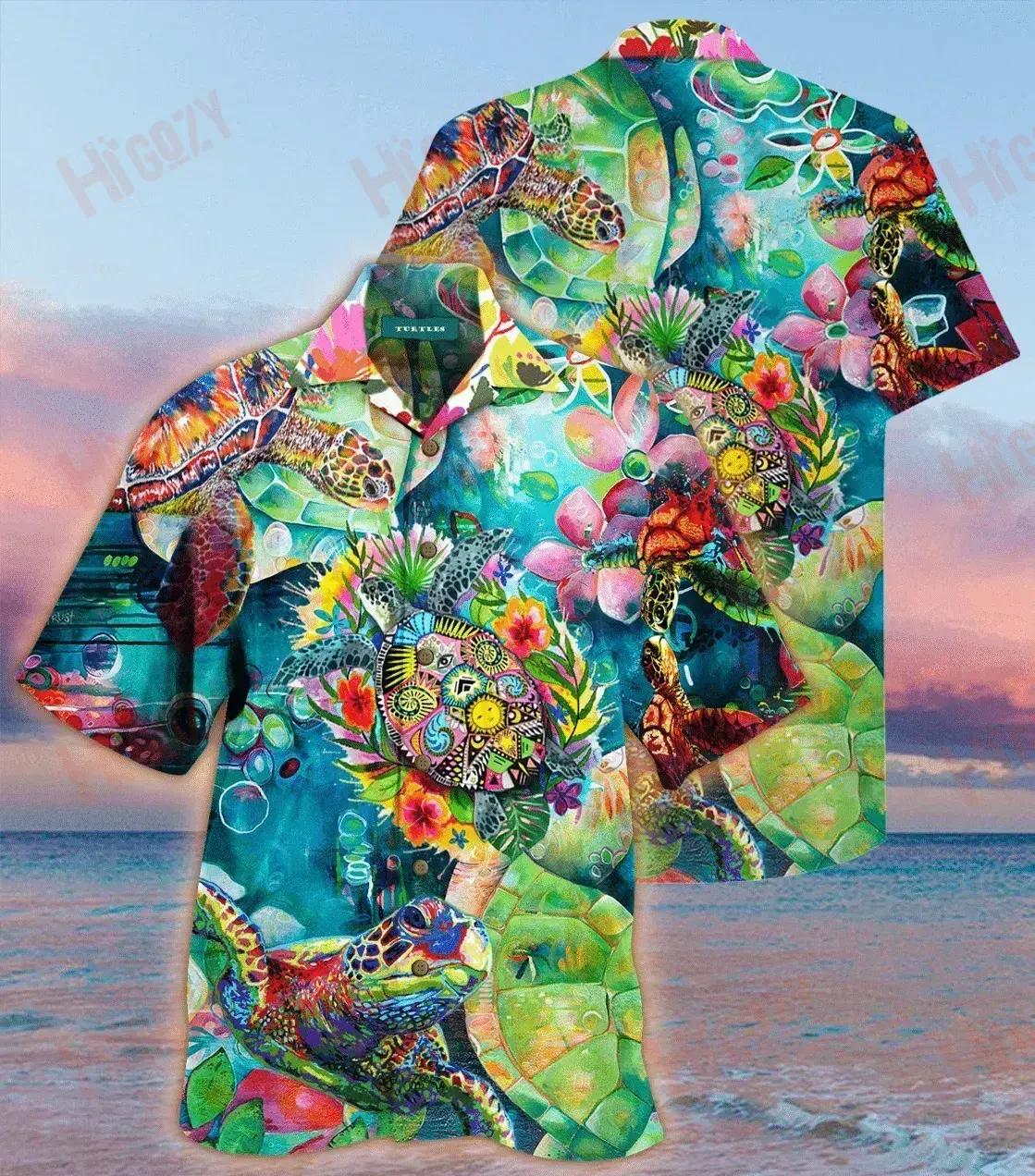 Colorful Turtle Unisex Hawaiian Shirt Ocean Short Sleeve Custom Hawaiian Shirts Hawaiian Shirts For Men, Hawaiian Shirt Gift, Christmas Gift