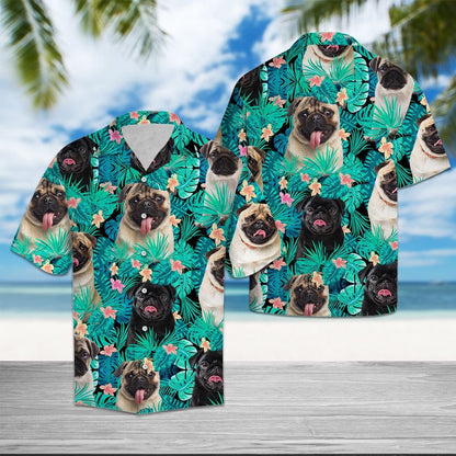 Cute Pug Tropical Palm Leaves Summer Vacation Themed Hawaiian Shirt, Hawaiian Shirt Gift, Christmas Gift