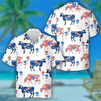 Red Flora And Cute Cows Character In Various Positions Hawaiian Shirt, Hawaiian Shirt Gift, Christmas Gift