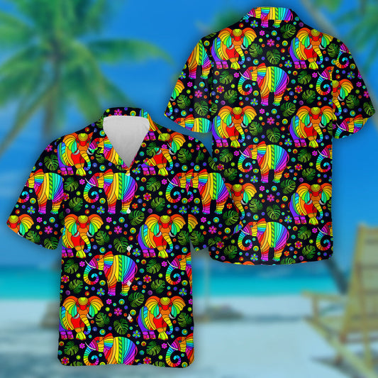 Bright Rainbow Elephantsanimals Flowers And Leaves Hawaiian Shirt, Hawaiian For Gift
