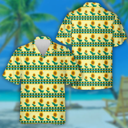 Sunflower Plant Pixel Pattern On Yellow Background Hawaiian Shirt, Hawaiian Shirt Gift, Christmas Gift