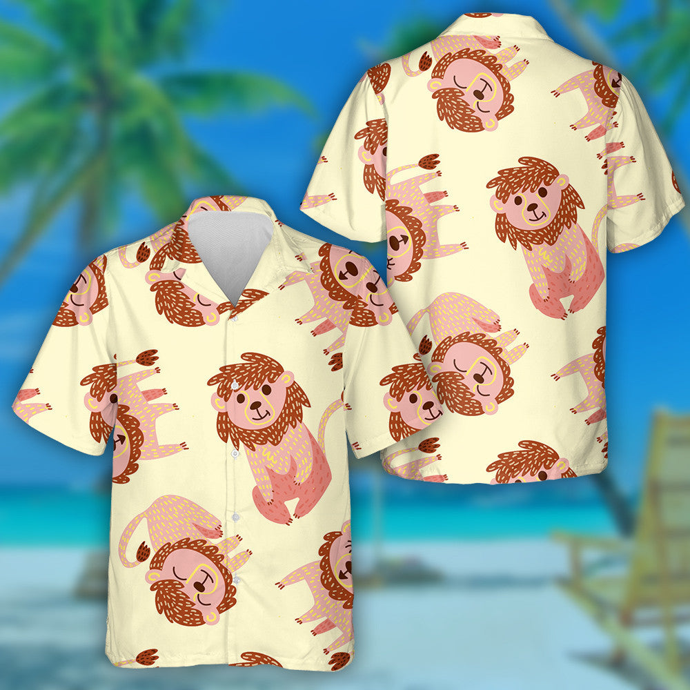 Funny Lion In Different Moments On Yellow Background Hawaiian Shirt, Hawaiian Shirt Gift, Christmas Gift