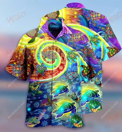 Hippie Turtles Colorful Waves Short Hawaiian Shirt Hobbies Short Sleeve Tactical Hawaiian Shirt Hawaiian Shirt Pattern, Hawaiian Shirt Gift, Christmas Gift