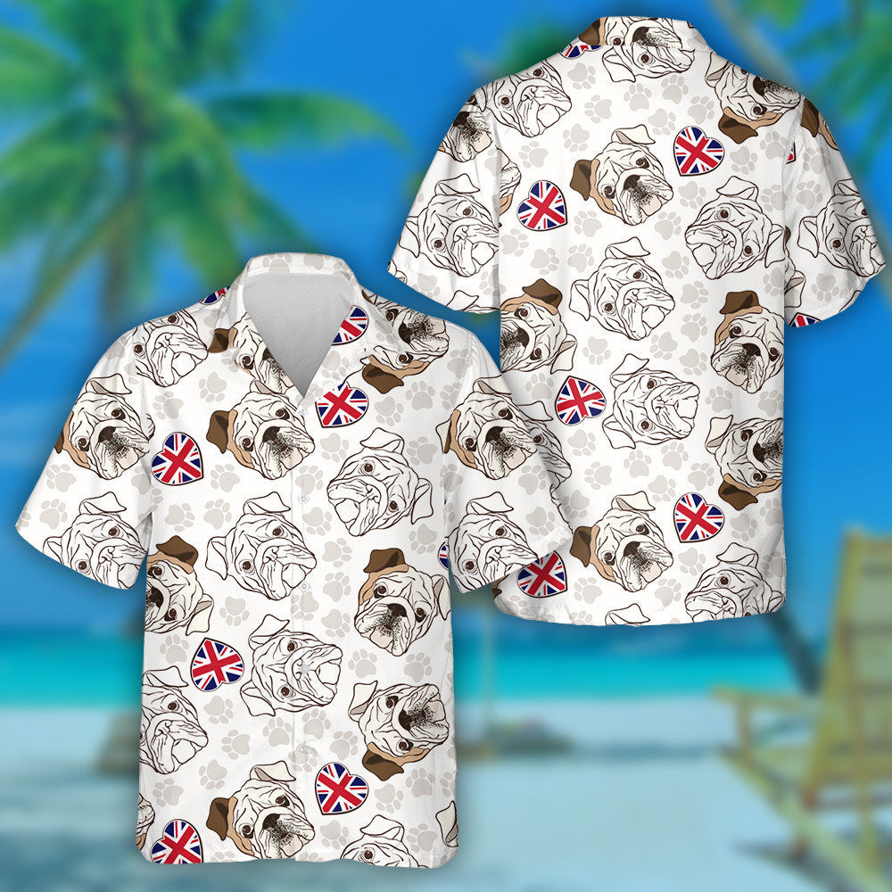English Bulldog Paws And Heart Flag Hawaiian Shirt,Hawaiian Shirt Gift, Christmas Gift