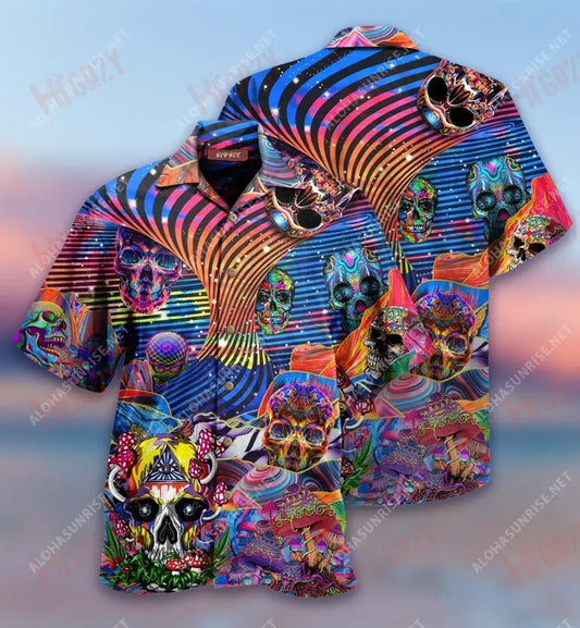 Crazy Skulls Get High Hippie Short Hawaiian Shirt Vacation Tropical Shirts Tactical Hawaiian Shirt Funny Hawaiian Shirts, Hawaiian Shirt Gift, Christmas Gift