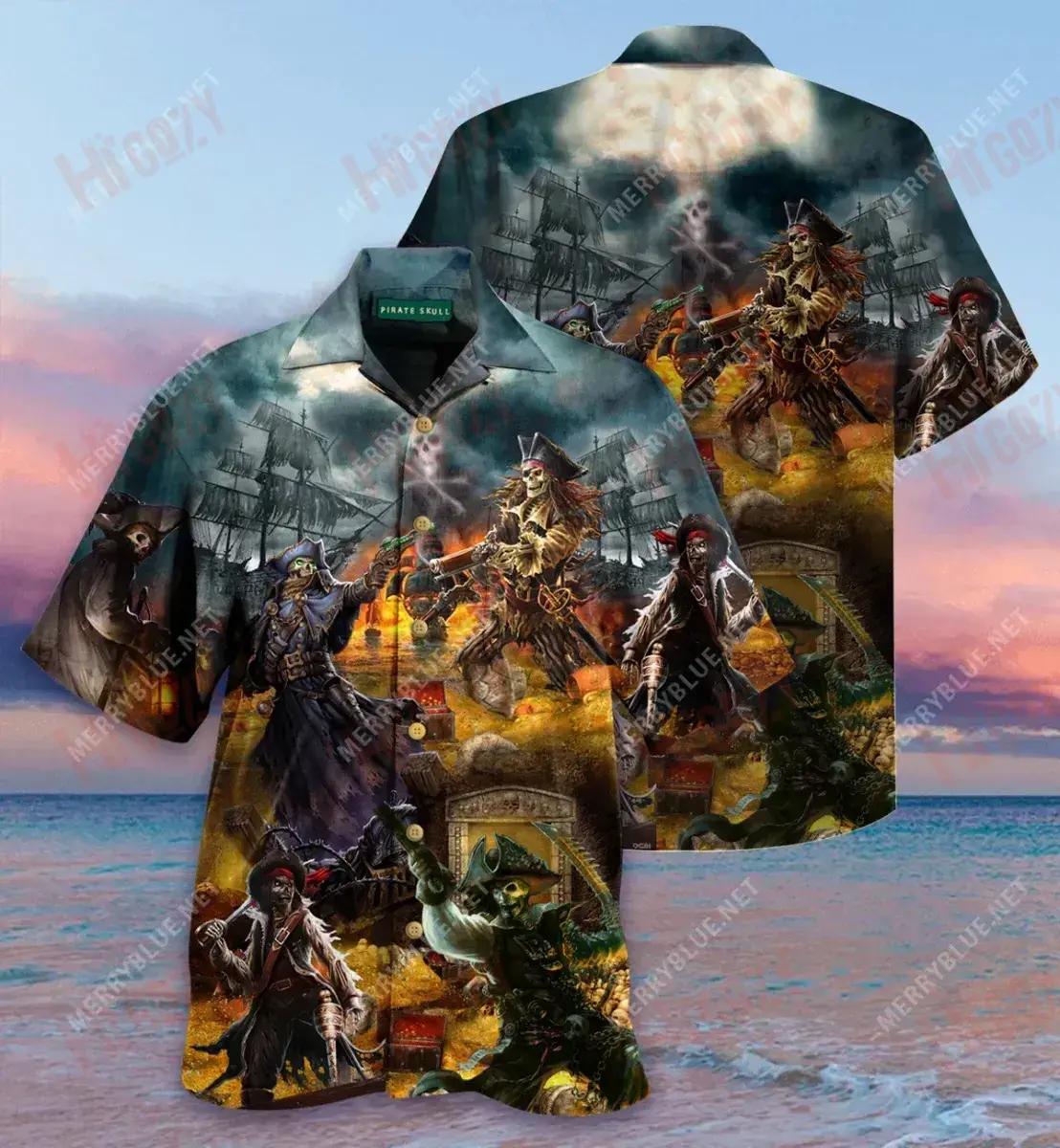Pirate Skull Treasure Hunting Unisex Hawaiian Shirt Summer Short Sleeve Custom Hawaiian Shirts Hawaiian Shirts For Men, Hawaiian Shirt Gift, Christmas Gift