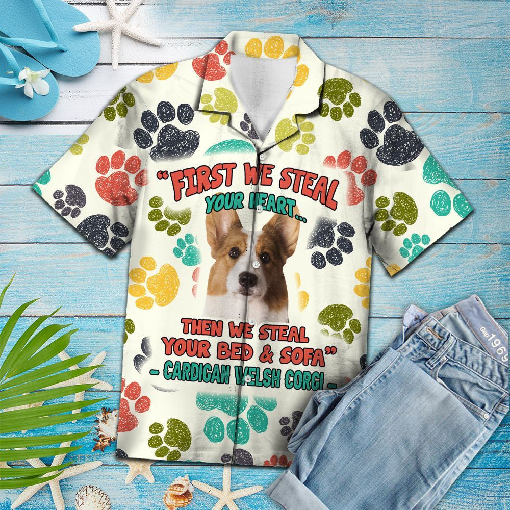 Colorful Paws Cardigan Welsh Corgi Steal Your Heart Hawaiian Shirt, Hawaiian Shirt Gift, Christmas Gift